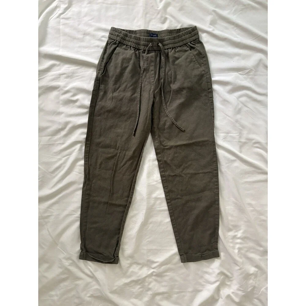 J.Crew Linen Blend Pull On Crop Pants Womens Sz 2 Green/OlivePockets Boho Casual